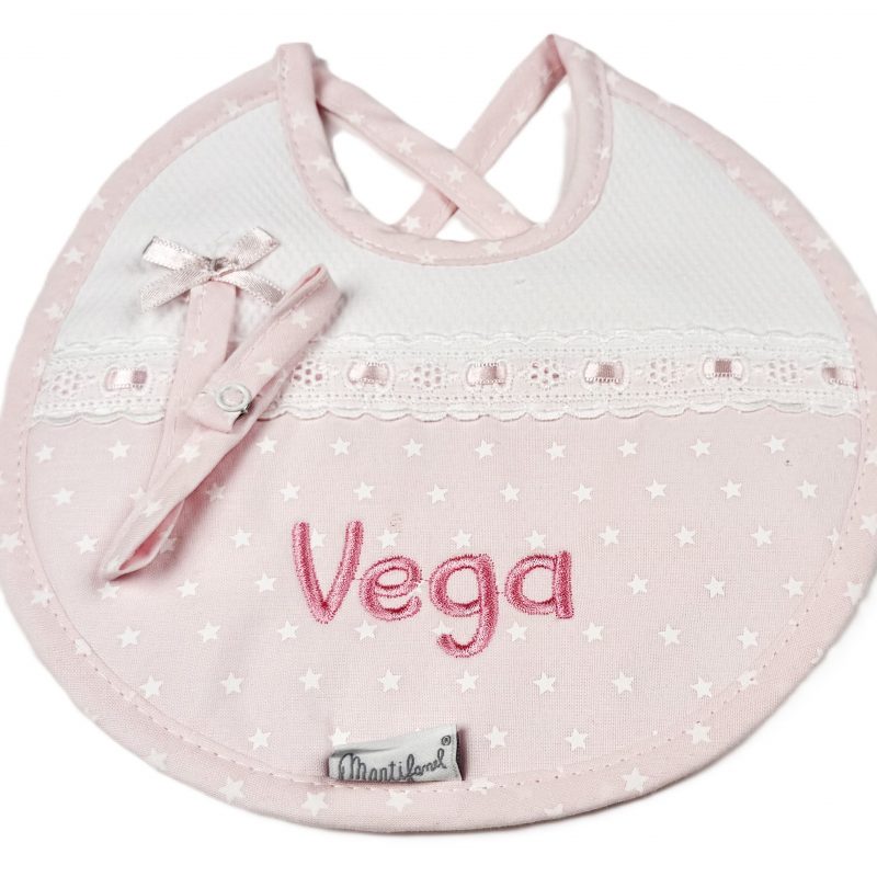 Babero con chupetero, con "estrellitas" en rosa. Marca Martifanel