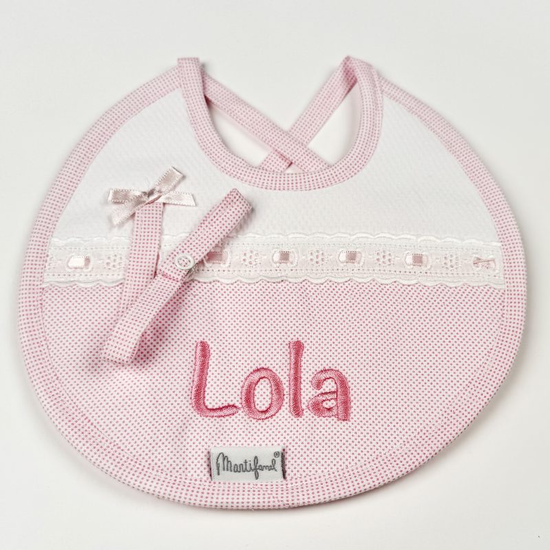 Babero con chupetero, con topitos rosa. Marca Martifanel.