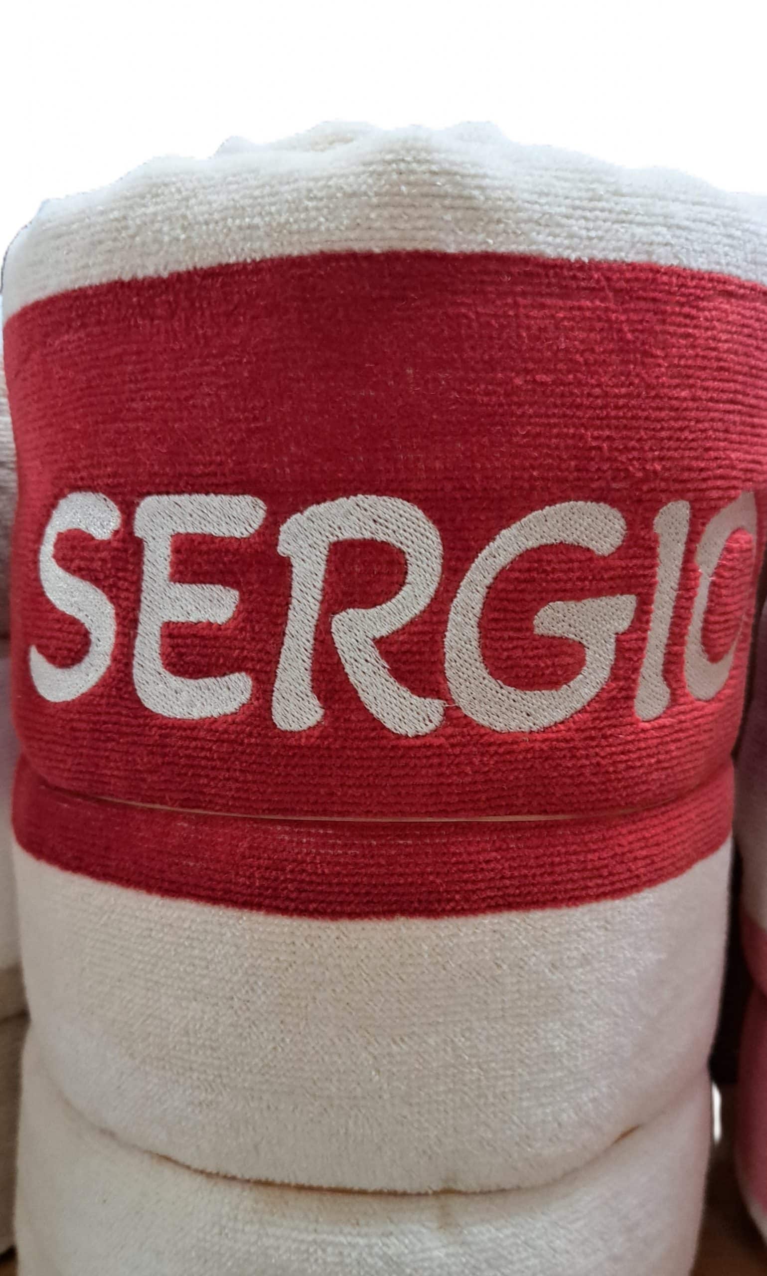 Toalla playa con rayas en beige y granate - Imagen 2