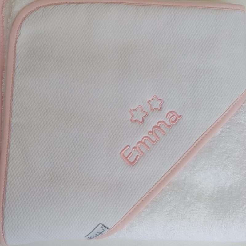 Toalla Bebé 80 cm "Mitasi" en piqué blanco ribeteada en rosa