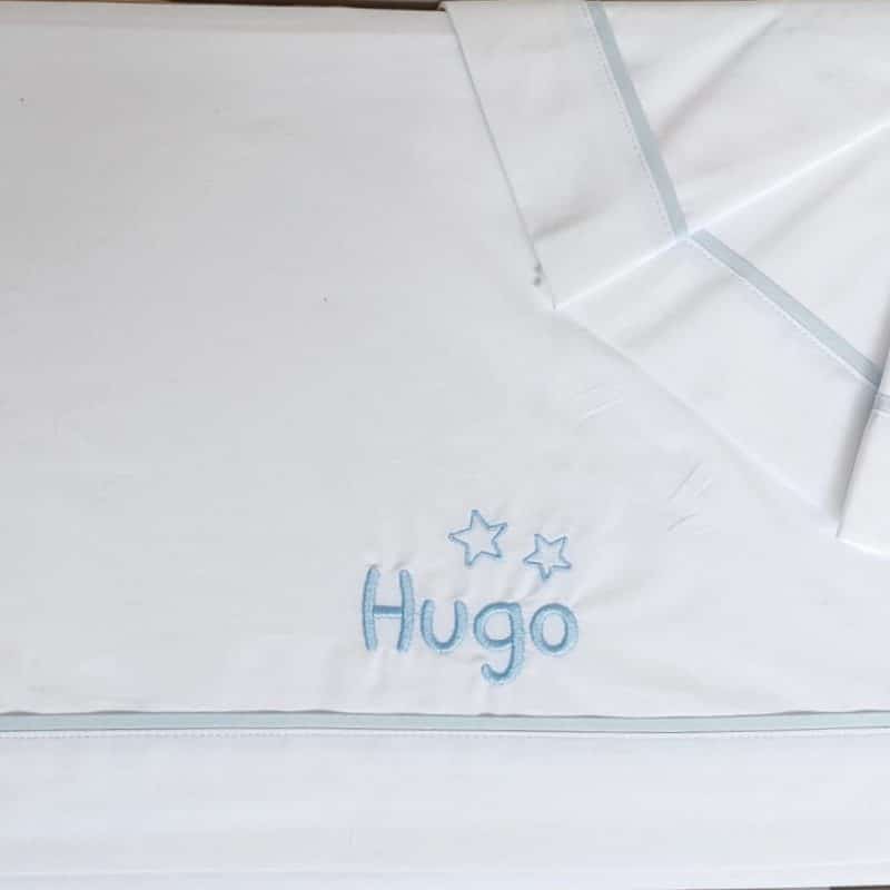 Juego sábanas cuna en blanco ribeteada en azul. Colección "Mitasi"
