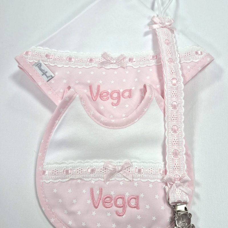 Juego de gasita + babero con chupetero colección "Estrellitas" Rosa