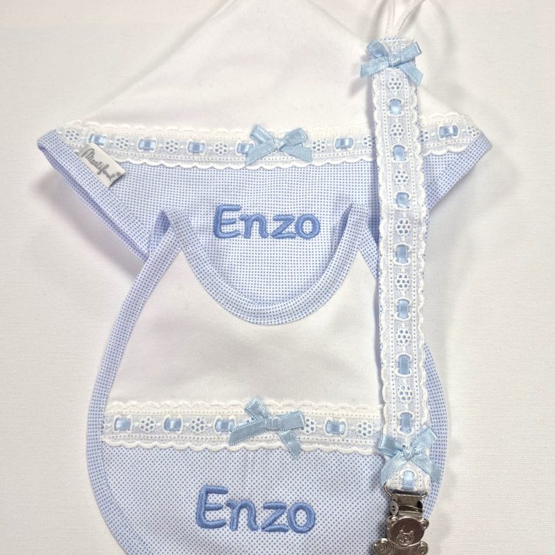 Juego de gasita + babero con chupetero colección "Topitos" Azul