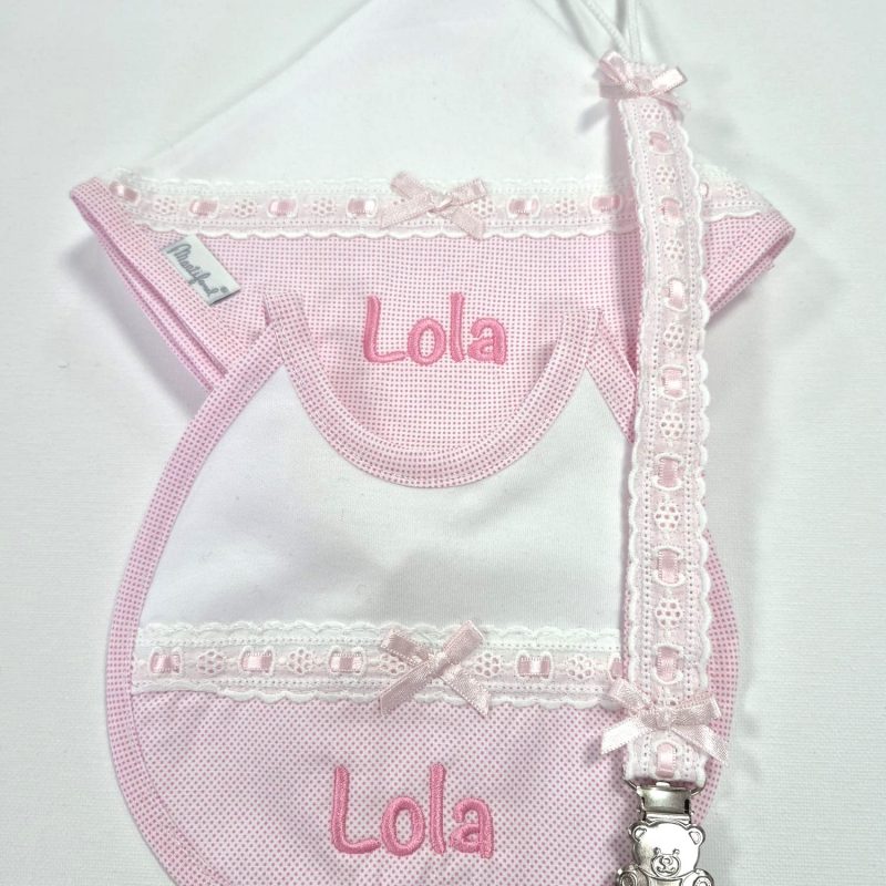 Juego de gasita + babero con chupetero colección "Topitos" Rosa